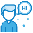 Blue figure with a text bubble saying the word Hi in it