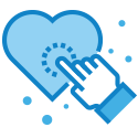 Blue hand with pointer finger touching a blue heart depicting compassion