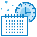 Blue event calendar with blue clock behind it