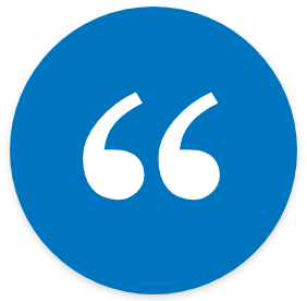 White quotation marks in the center of a blue circle